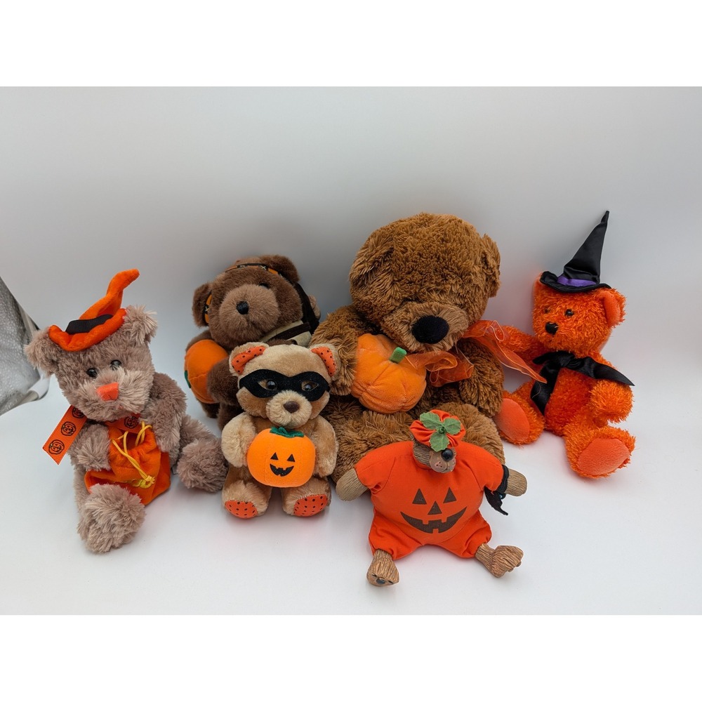 Ty Russ Halloween Plush Teddy Bear Lot Orange Brown Pumpkin Witch Masked